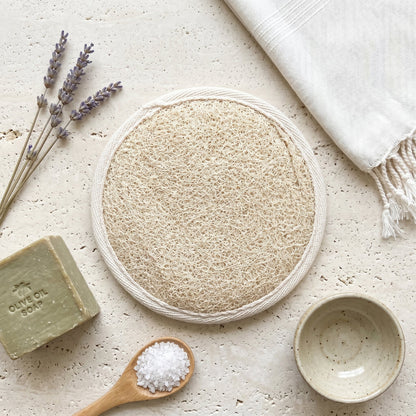 Round Loofah Pad with Cotton Terry Back and Hand Strap