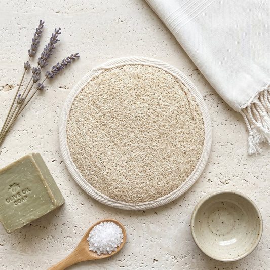 Round Loofah Pad with Cotton Terry Back and Hand Strap