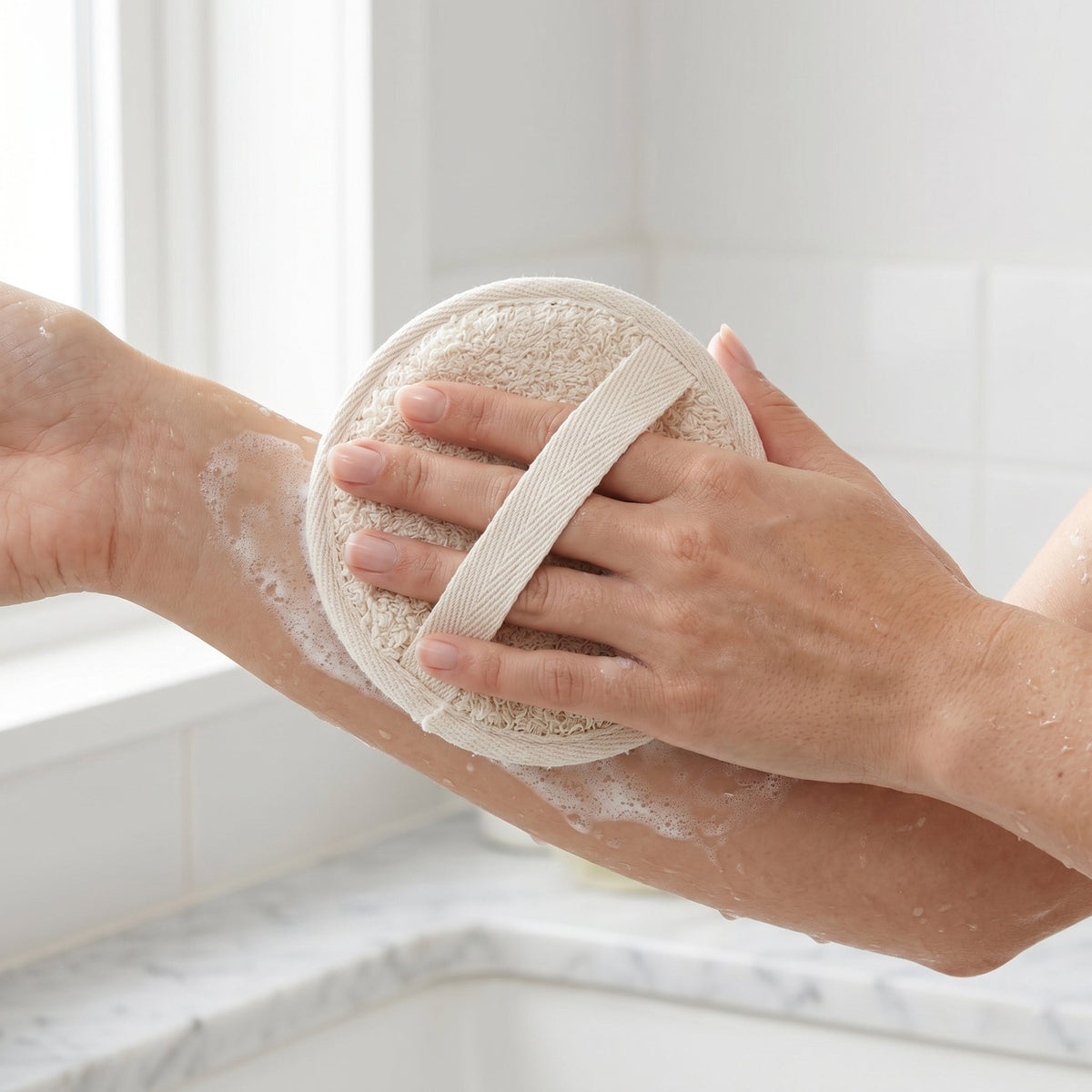 Round Loofah Pad with Cotton Terry Back and Hand Strap