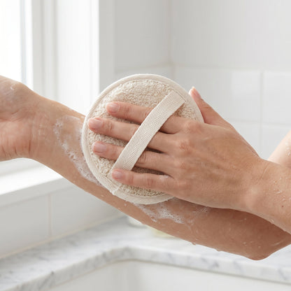 Round Loofah Pad with Cotton Terry Back and Hand Strap